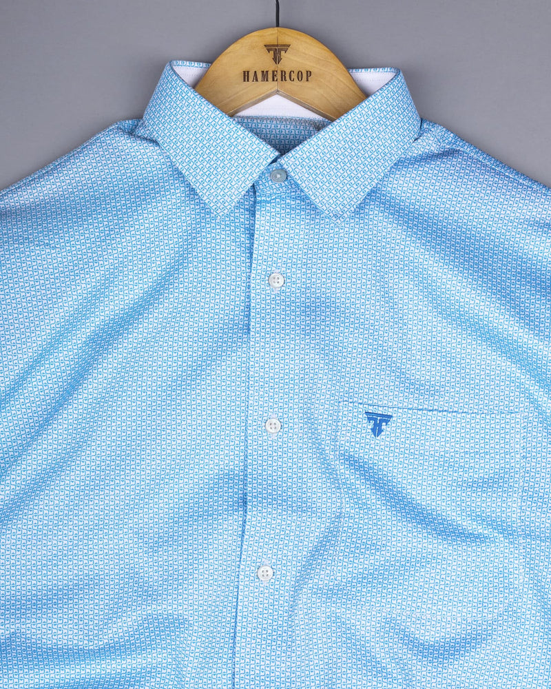 Selfoss Blue With White Printed Designer Cotton Shirt