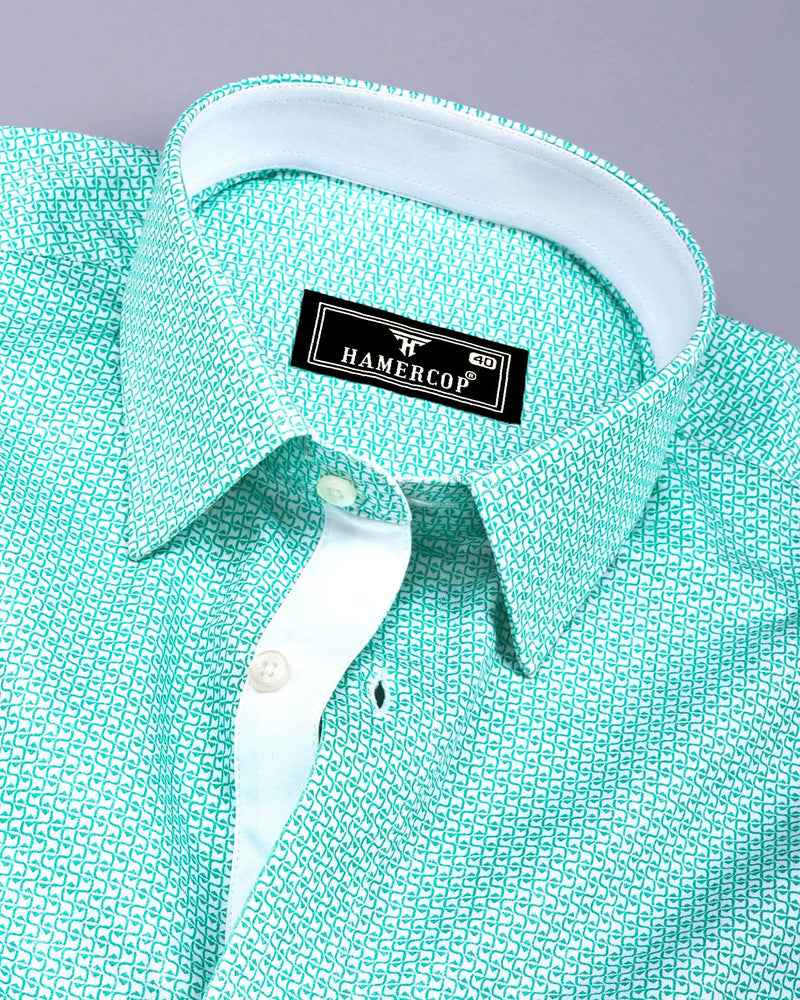 Selfoss Green With White Printed Designer Cotton Shirt