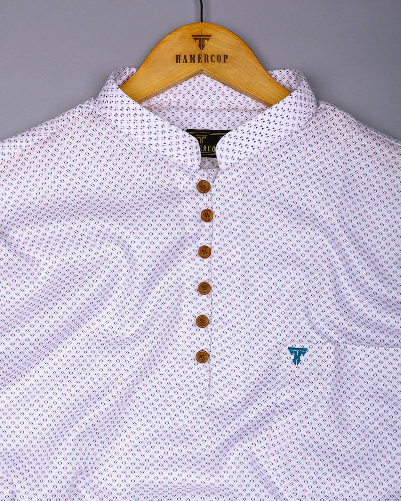 Charming Pink With Blue Printed White Cotton Shirt Style Kurta