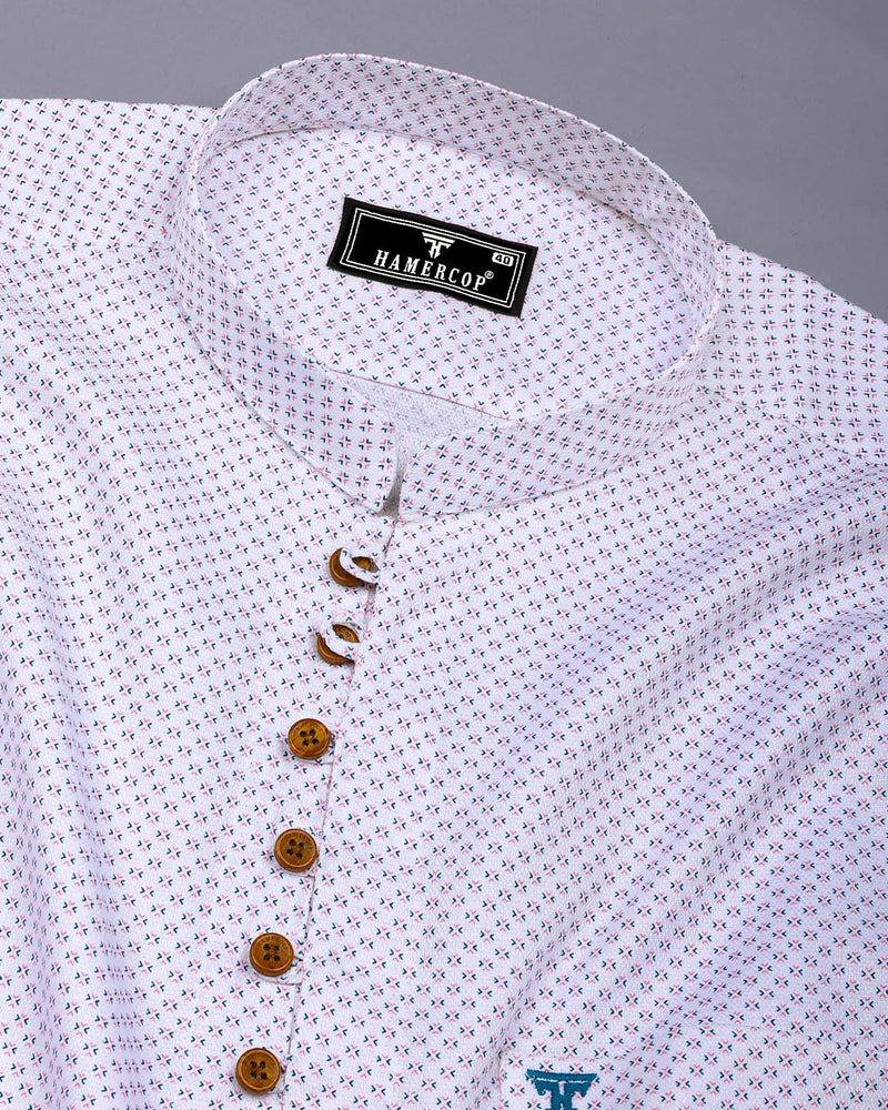 Charming Pink With Blue Printed White Cotton Shirt Style Kurta