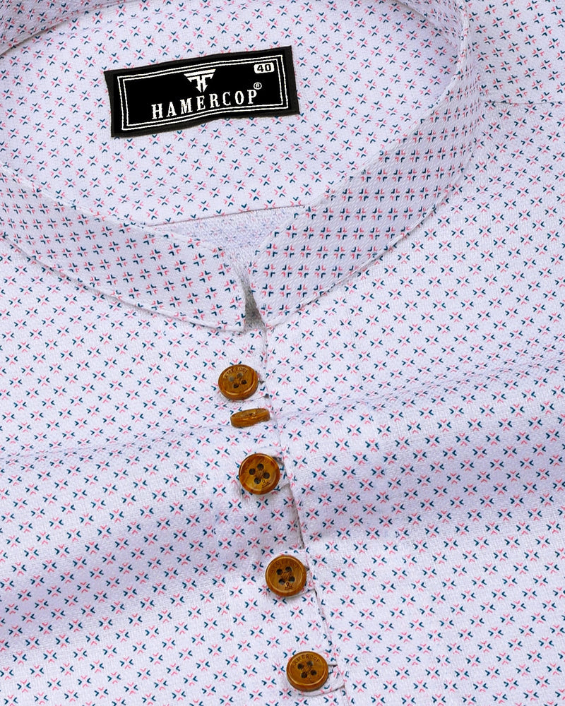 Charming Pink With Blue Printed White Cotton Shirt Style Kurta