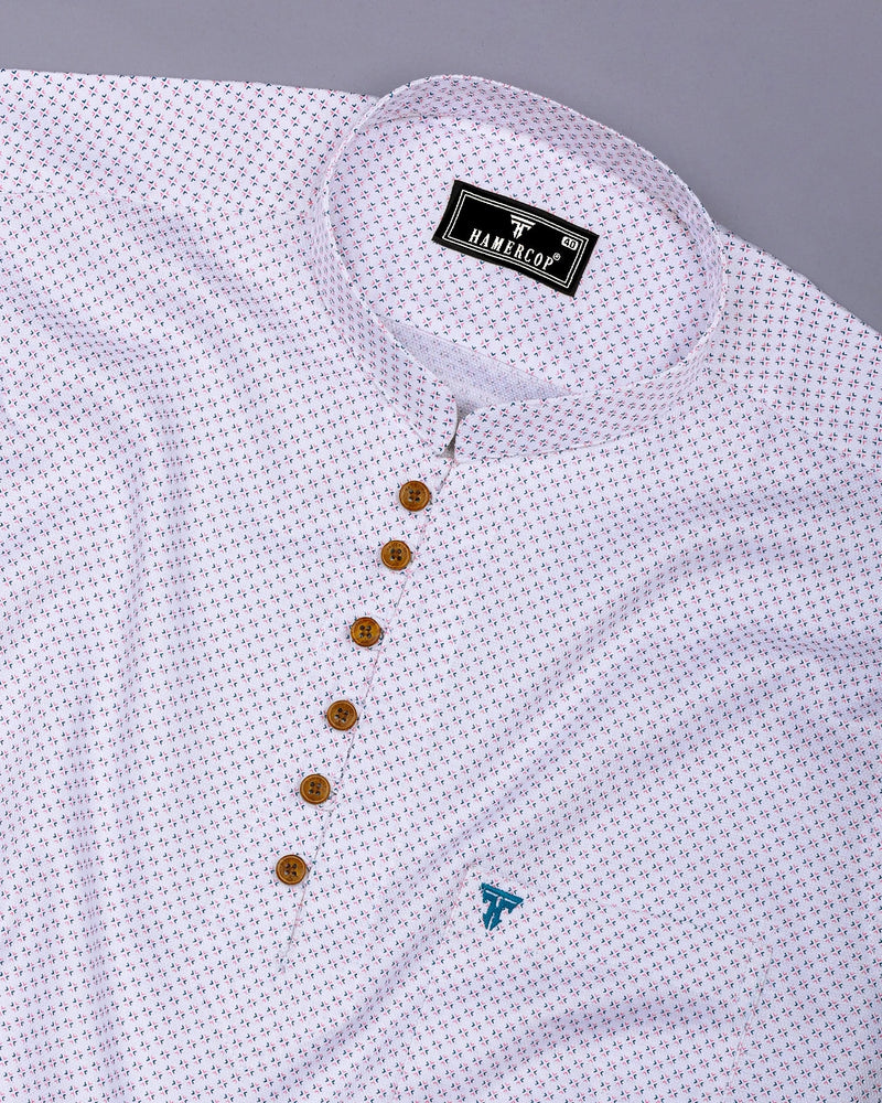 Charming Pink With Blue Printed White Cotton Shirt Style Kurta
