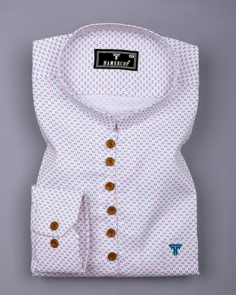 Charming Pink With Blue Printed White Cotton Shirt Style Kurta