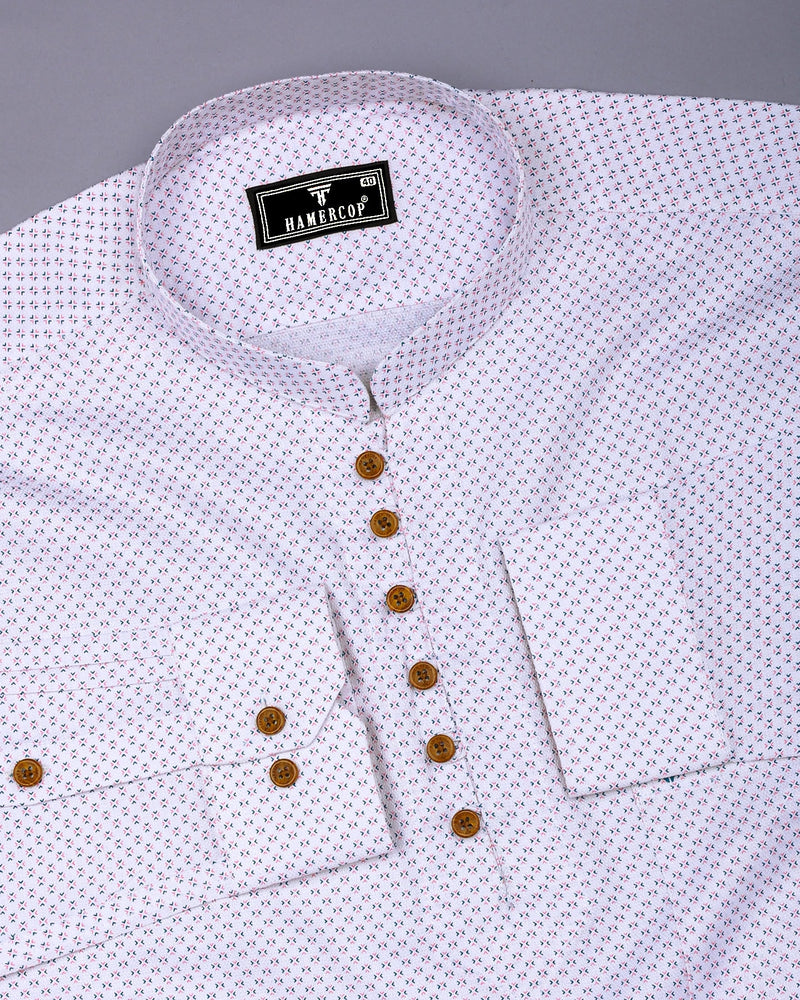 Charming Pink With Blue Printed White Cotton Shirt Style Kurta
