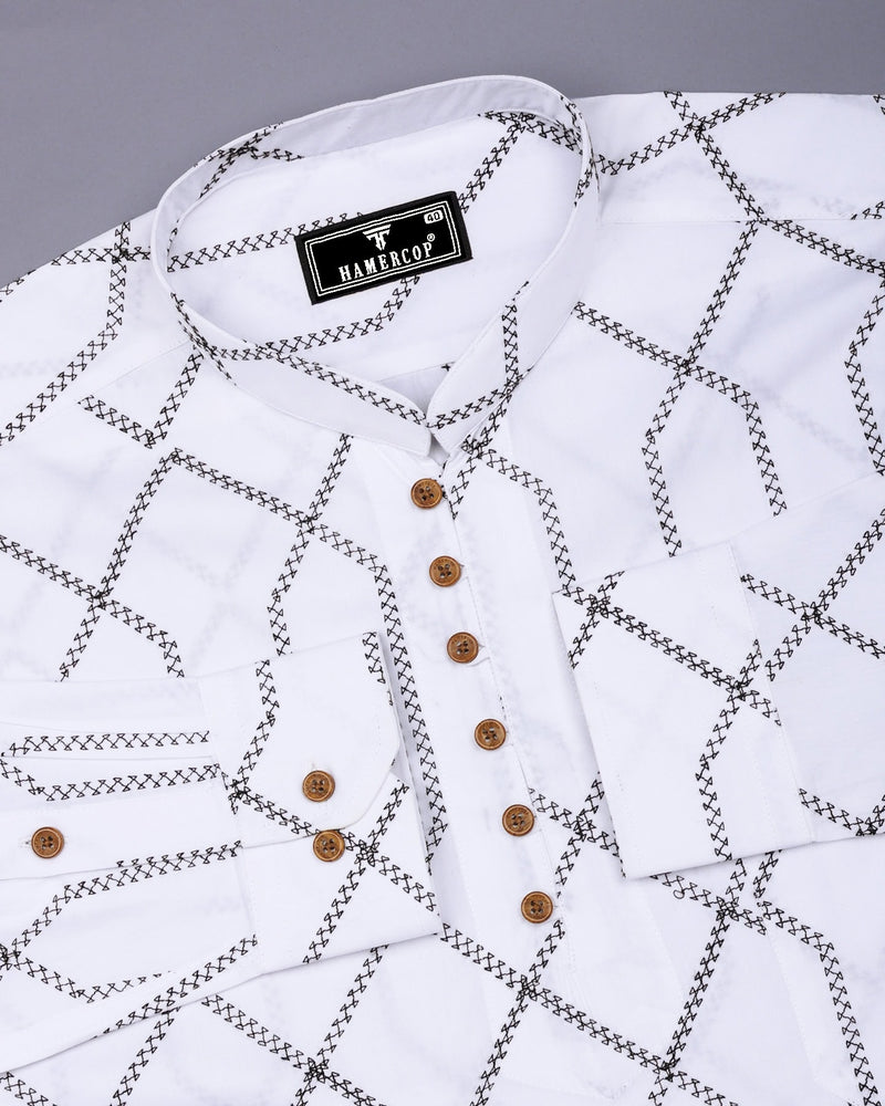Zinzibar White With Black Thread Art Cotton Shirt Style Kurta