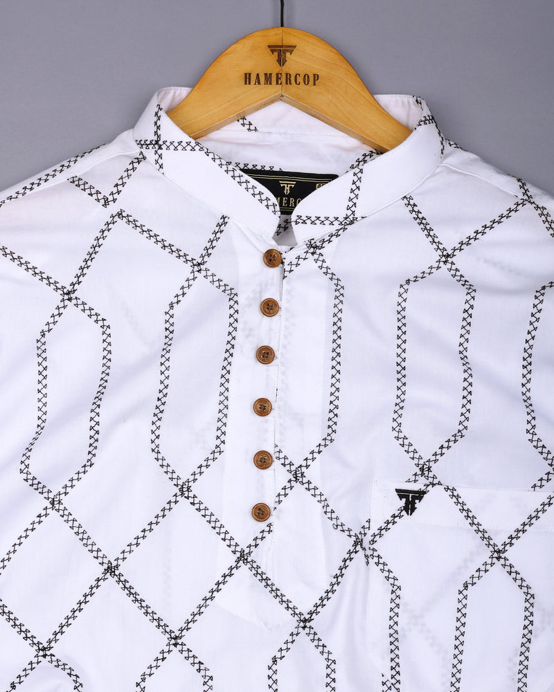 Zinzibar White With Black Thread Art Cotton Shirt Style Kurta