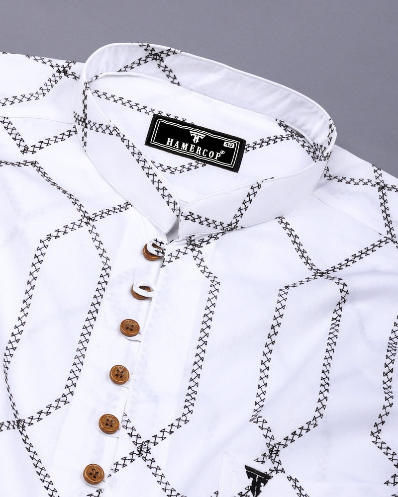 Zinzibar White With Black Thread Art Cotton Shirt Style Kurta