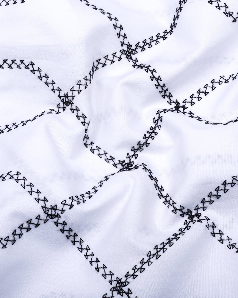 Zinzibar White With Black Thread Art Cotton Shirt Style Kurta