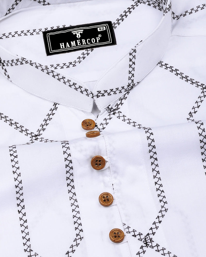 Zinzibar White With Black Thread Art Cotton Shirt Style Kurta
