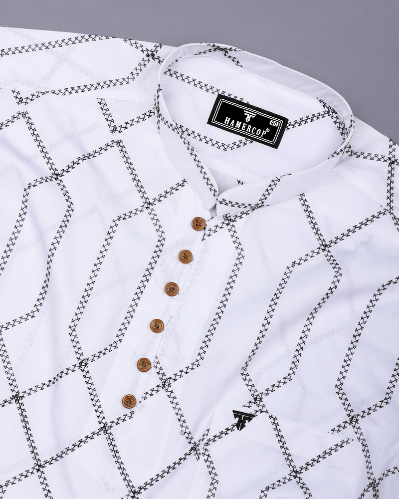 Zinzibar White With Black Thread Art Cotton Shirt Style Kurta