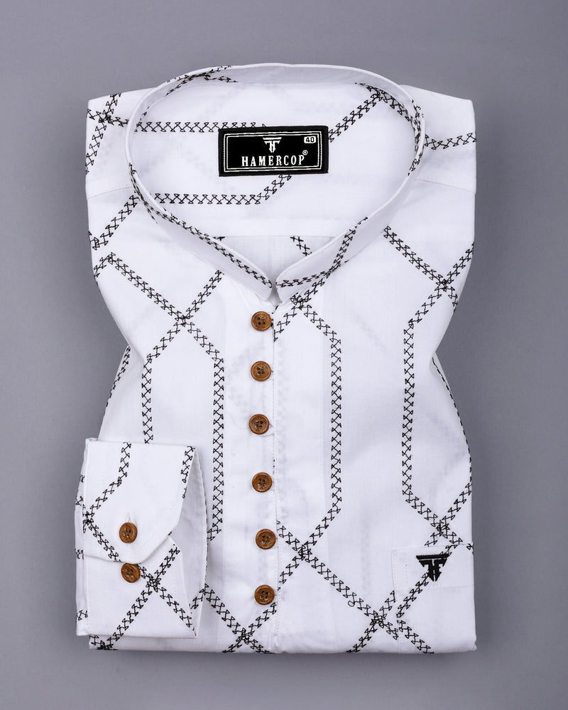 Zinzibar White With Black Thread Art Cotton Shirt Style Kurta
