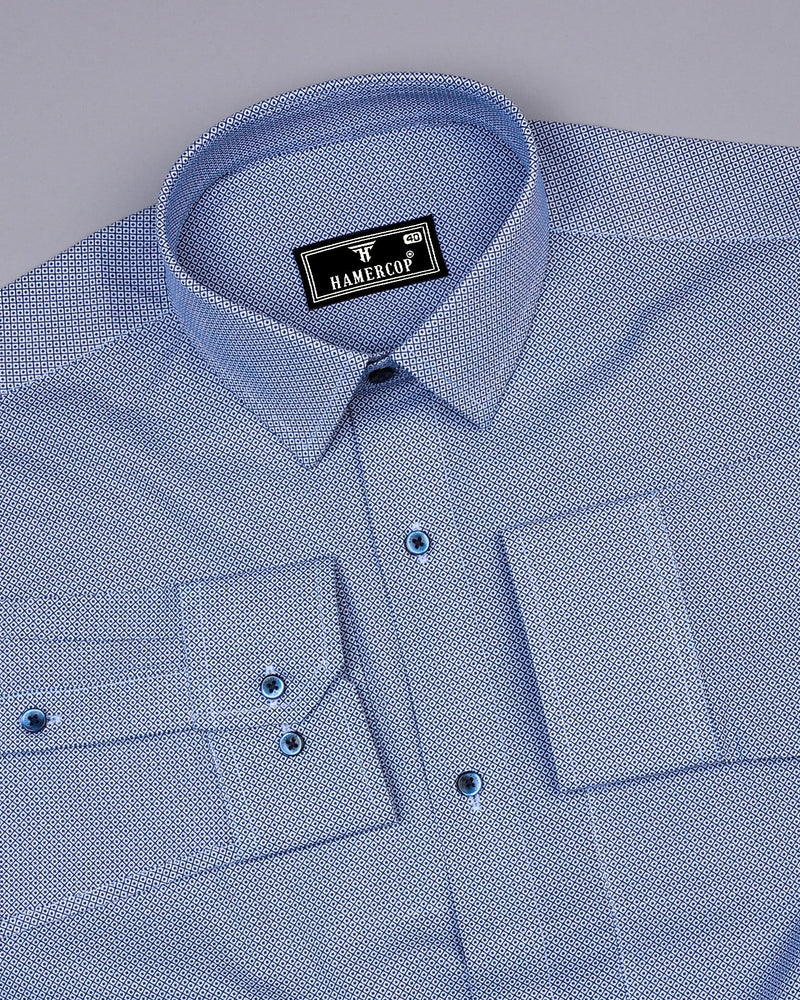 Bilzen Blue With White Printed Cotton Shirt