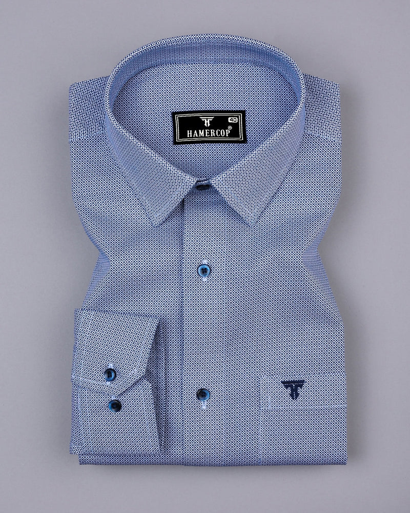 Bilzen Blue With White Printed Cotton Shirt