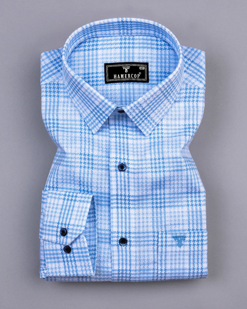 Amozoc Blue Houndstooth Amsler Dobby Cotton Shirt