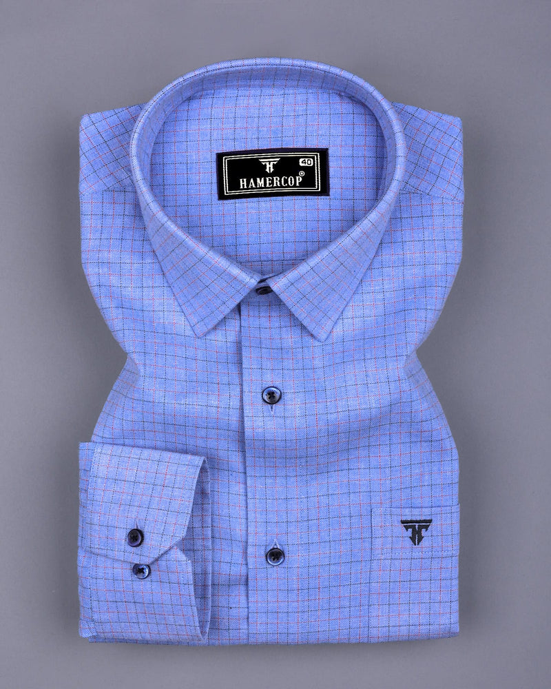 Skyblue Melange With Green Plaid Flannel Check Cotton Shirt