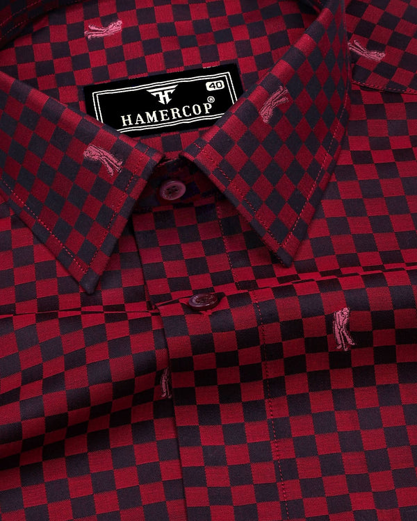 Brick Red With Black Jacquard Check Cotton Shirt