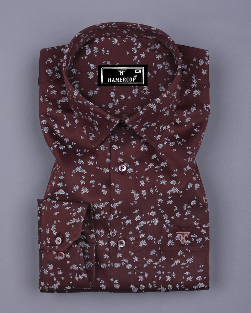 Russet Brown With Pink Printed Satin Cotton Shirt