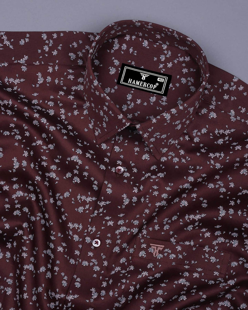 Russet Brown With Pink Printed Satin Cotton Shirt