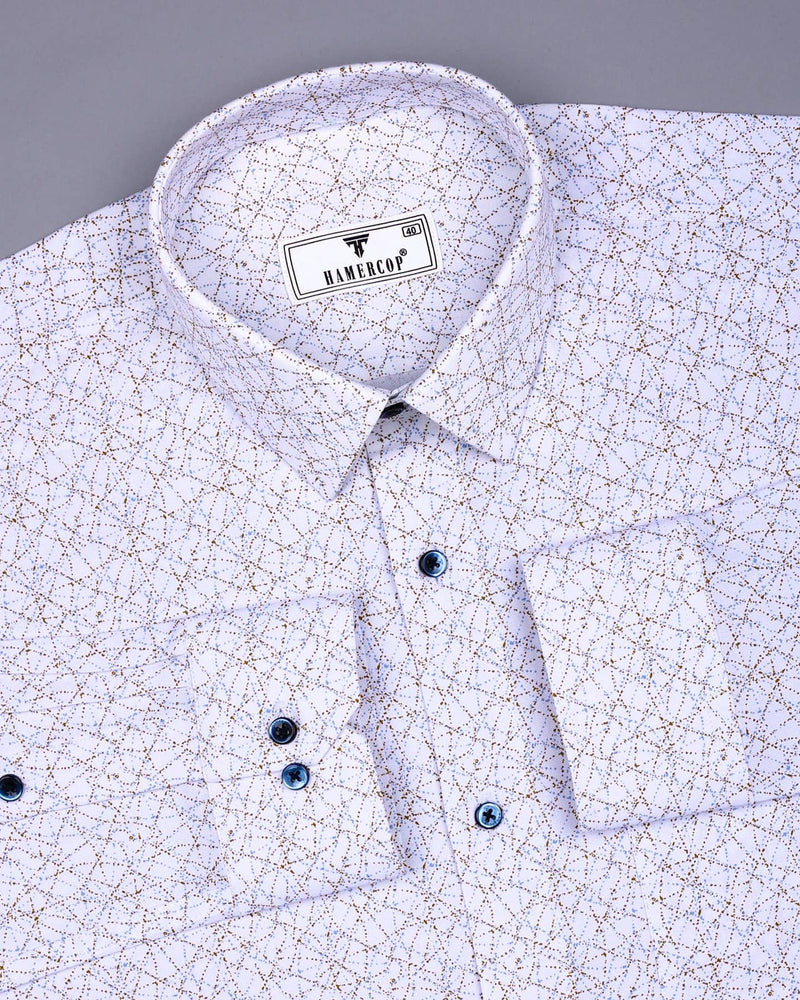 White With SkyBlue And Mustard Spider Net Printed Cotton Shirt