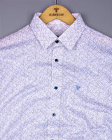 White With SkyBlue And Mustard Spider Net Printed Cotton Shirt