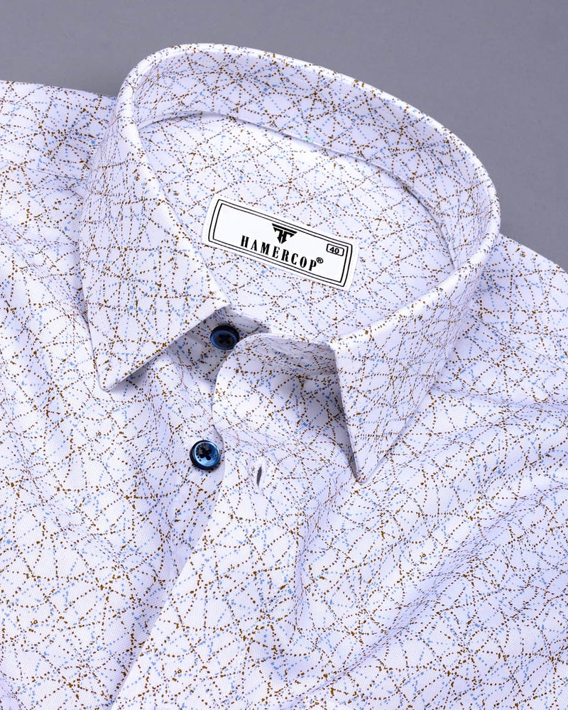 White With SkyBlue And Mustard Spider Net Printed Cotton Shirt