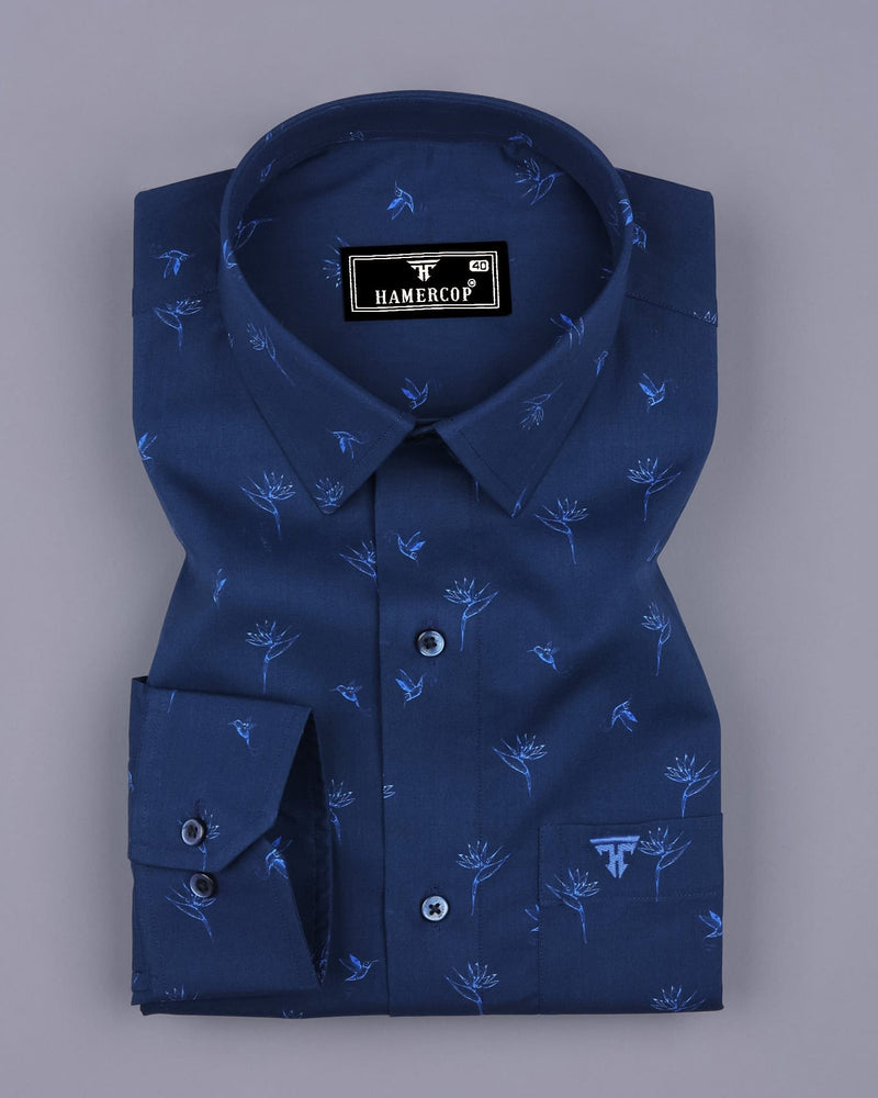 Blue Hamerkop Birds Printed Satin Cotton Shirt