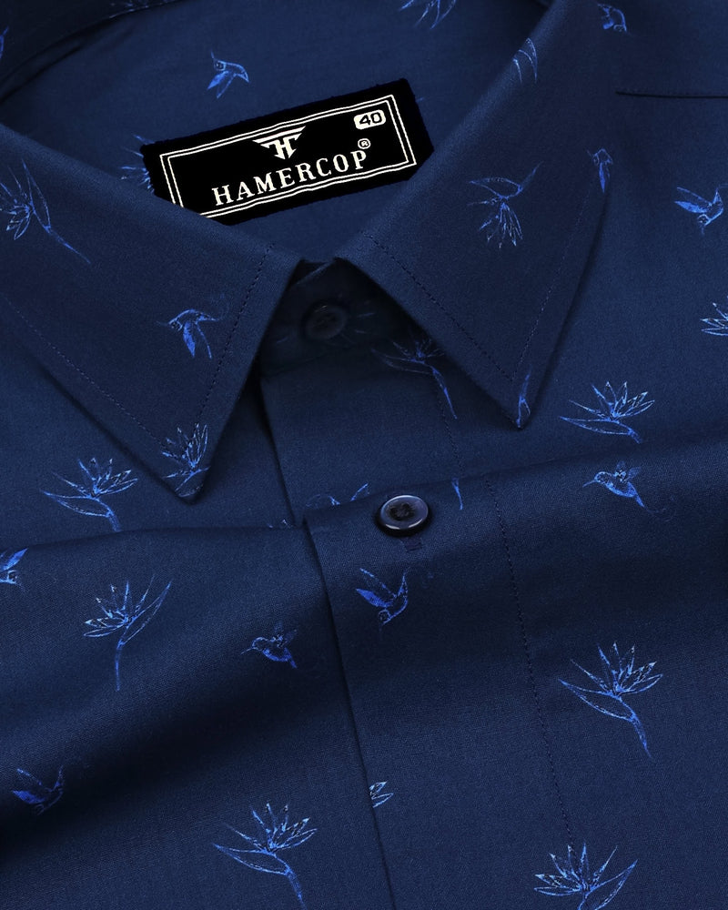 Blue Bird Print Satin Cotton Shirt – Hamercop - Main Image