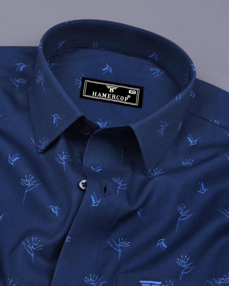 Blue Hamerkop Birds Printed Satin Cotton Shirt