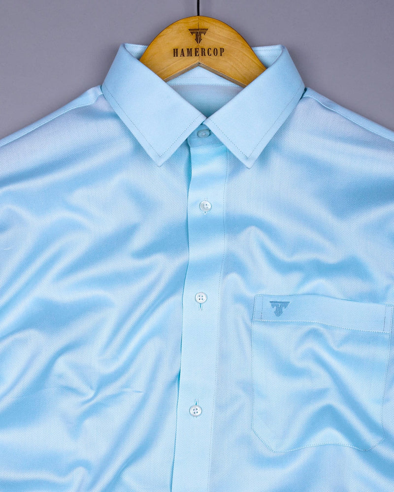 Cyanish Blue With White Dobby Texture Cotton Shirt