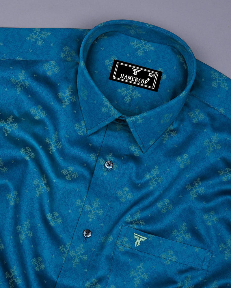 Maya Blue With Yellow Printed Premium Satin Cotton Shirt