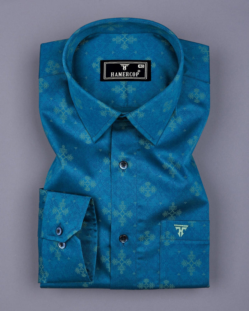 Maya Blue With Yellow Printed Premium Satin Cotton Shirt