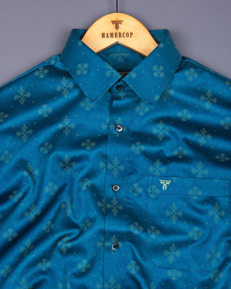 Maya Blue With Yellow Printed Premium Satin Cotton Shirt