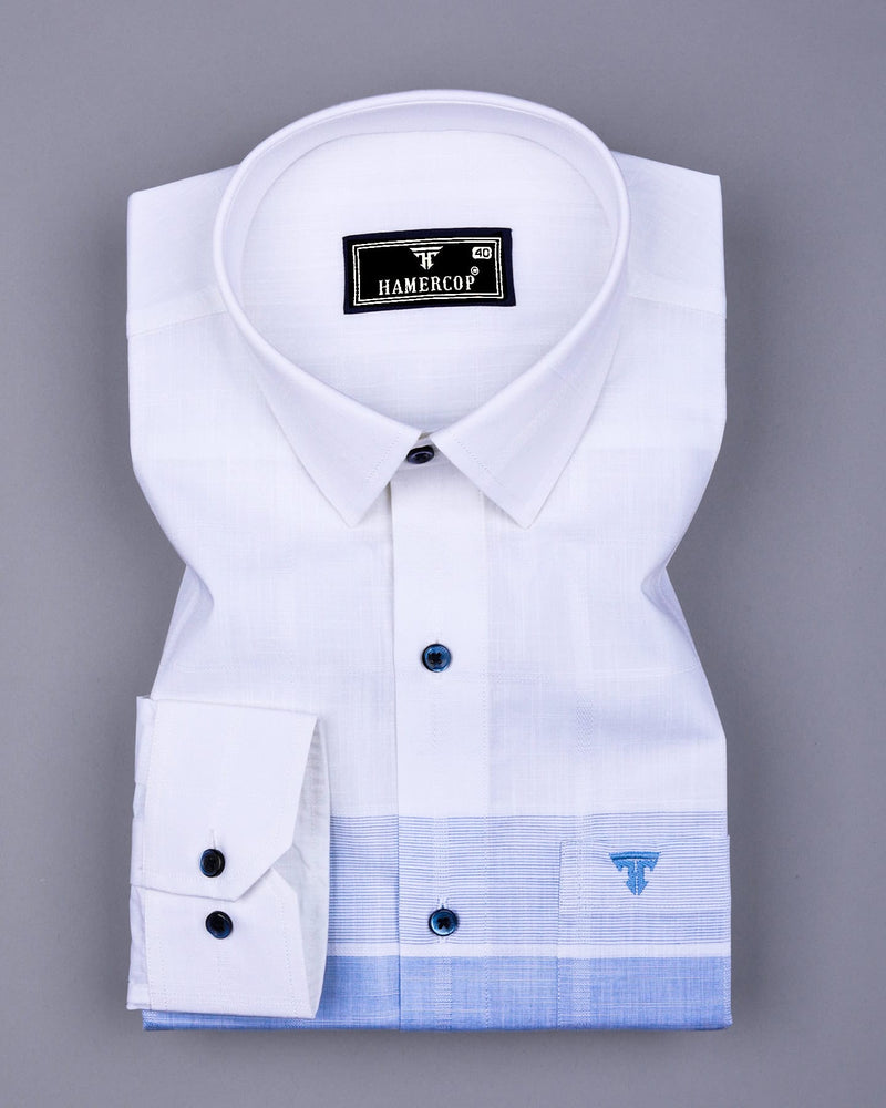 Drytown Blue With White Weft Stripe Amsler Cotton Designer Shirt