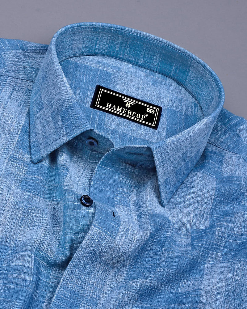 Troyes Blue With White Printed Linen Cotton Shirt