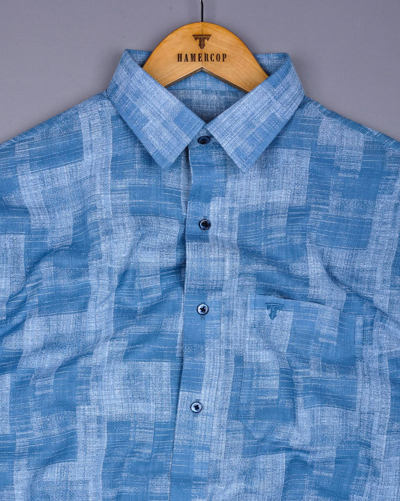 Troyes Blue With White Printed Linen Cotton Shirt