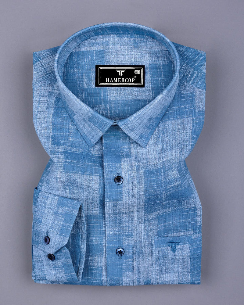 Troyes Blue With White Printed Linen Cotton Shirt