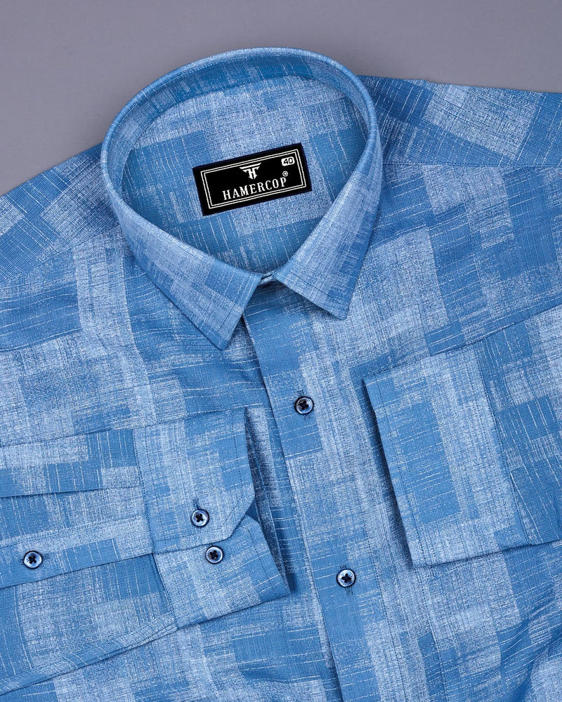 Troyes Blue With White Printed Linen Cotton Shirt