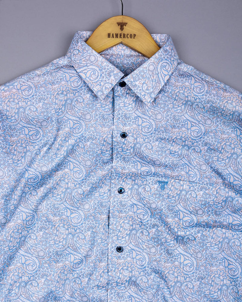 Clichy Blue With White Paisley Printed Cotton Shirt