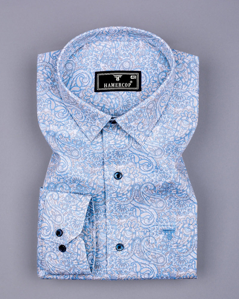 Clichy Blue With White Paisley Printed Cotton Shirt