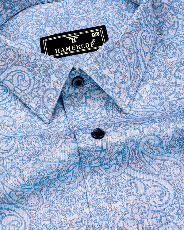 Clichy Blue With White Paisley Printed Cotton Shirt