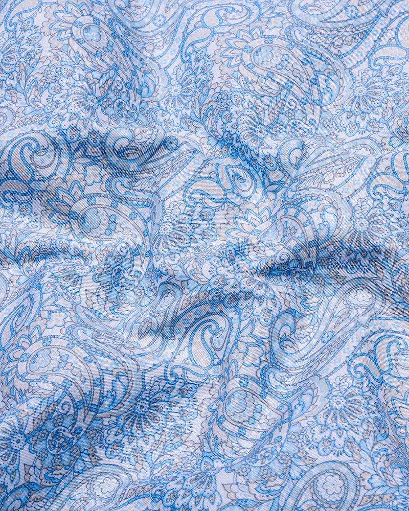 Clichy Blue With White Paisley Printed Cotton Shirt