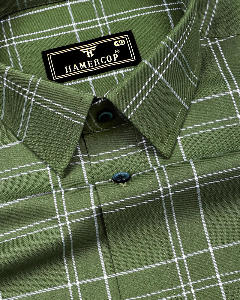Bron Green With White Dobby Check Cotton Shirt