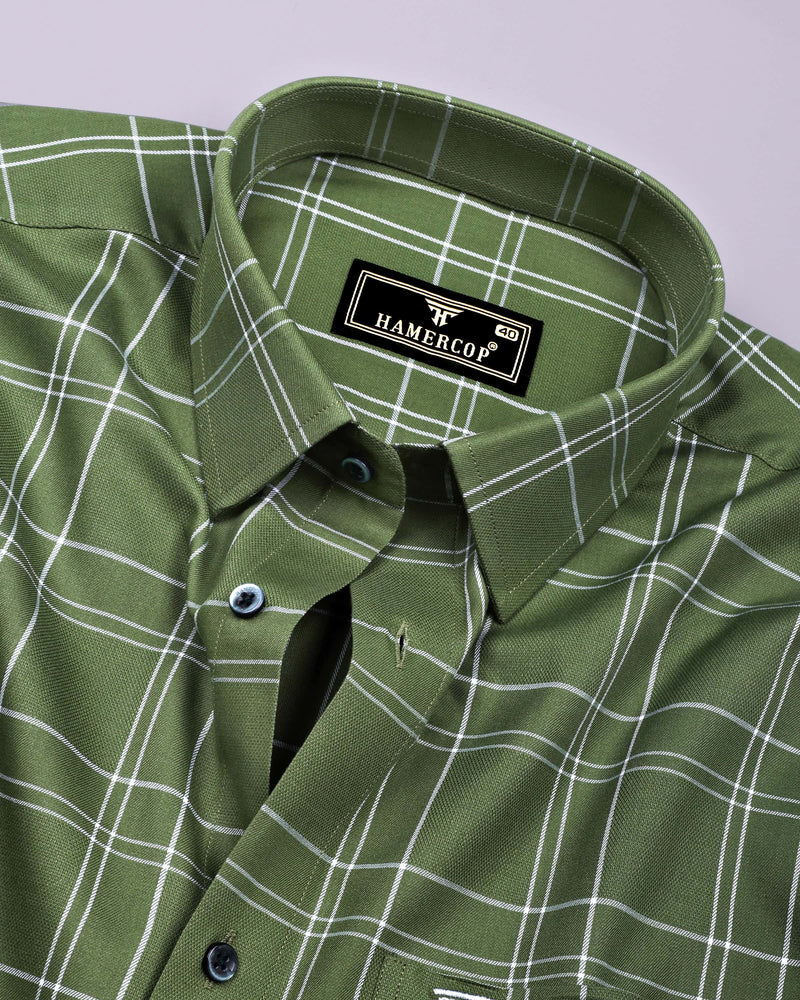 Bron Green With White Dobby Check Cotton Shirt