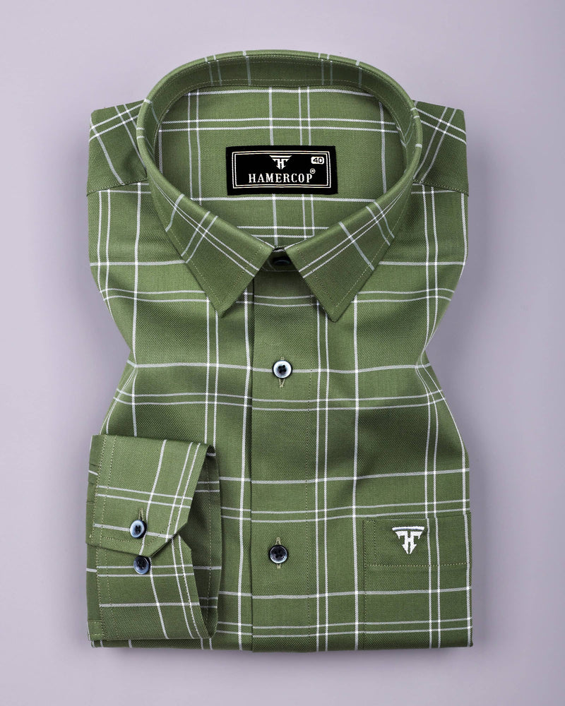 Bron Green With White Dobby Check Cotton Shirt