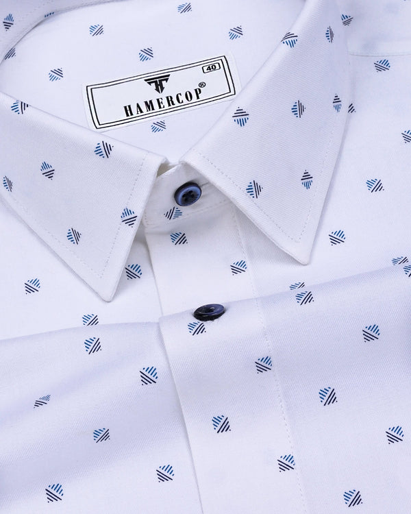 Vista White With Blue Square Printed Formal Cotton Premium Shirt