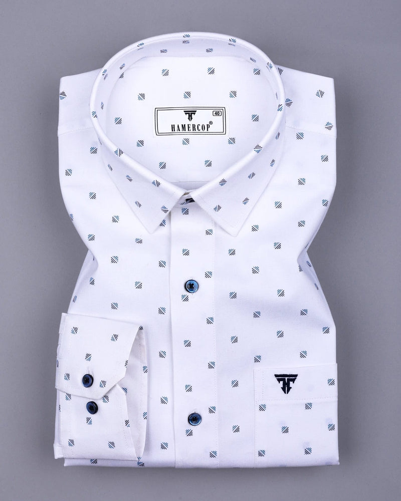 Vista White With Blue Square Printed Formal Cotton Premium Shirt