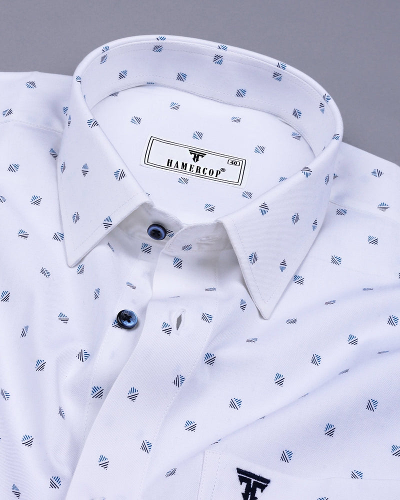 Vista White With Blue Square Printed Formal Cotton Premium Shirt