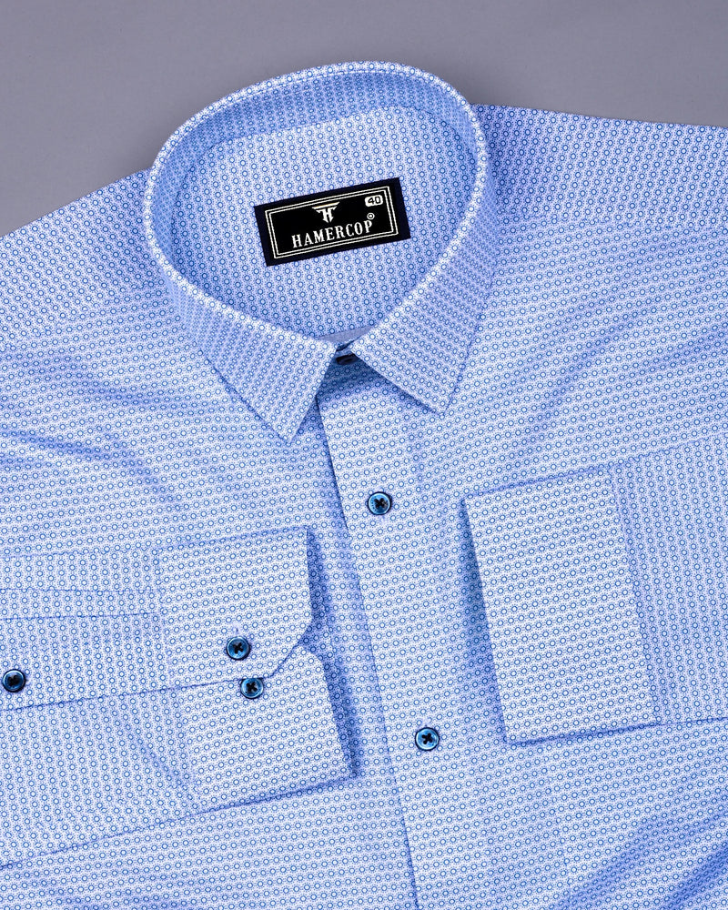 Blue Hexagon With White Printed Formal Cotton Shirt