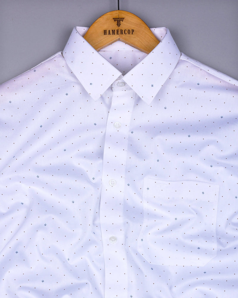 Snowdrift White With Coffee Square Printed Premium Cotton Shirt