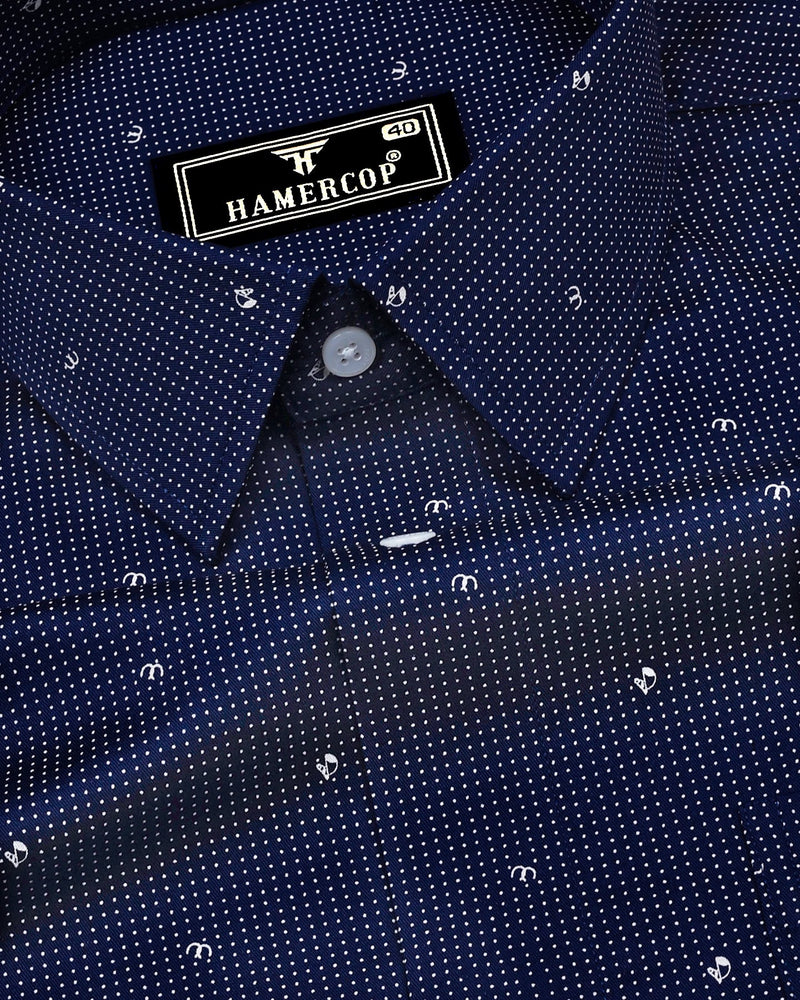 Space NavyBlue With White Small Polka Dot Printed Cotton Shirt